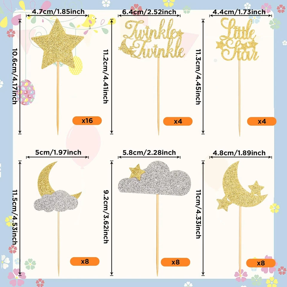 48 Piezas Brillo Pequeña Estrella Cupcake Toppers Luna Nube Cupcake Picks Twin Foto 3 de 4