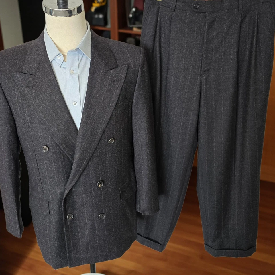 Hickey Freeman Double Breasted Suit 41r 32x28 Flannel Full Canvas Chalk Stripe  - Image 4 of 4