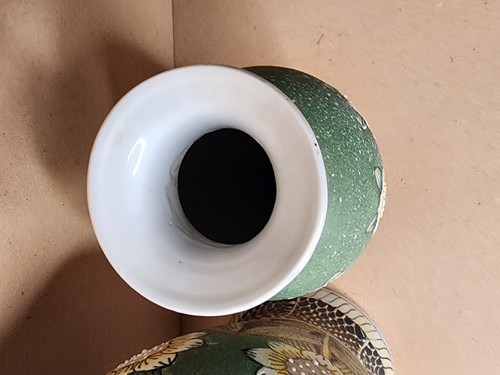 Vintage chinesische Sonnenblume Floral grüne Vase handbemalt Set 2 10,25" und 12" - Bild 12 von 15