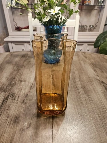 Vintage Blenko Apricot Paper Bag Glass Vase