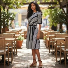 FLASH SALE Vintage 1980s Striped Midi Dress Puff Sleeve Brown White Belt