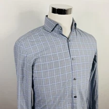 Hugo Boss 15 34/35 Sharp Fit C Meli Dress Shirt Blue Plaid 100% Cotton