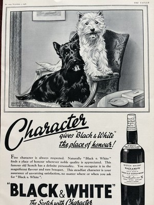Black & White Scotch Whiskey Vintage Ad Westie Scottish Terrier Dogs Tatler 1938
