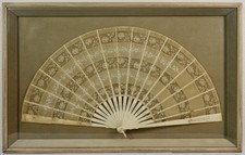 Framed Antique 19th C. Victorian Large Lace Folding Hand Fan with Carved Sticks