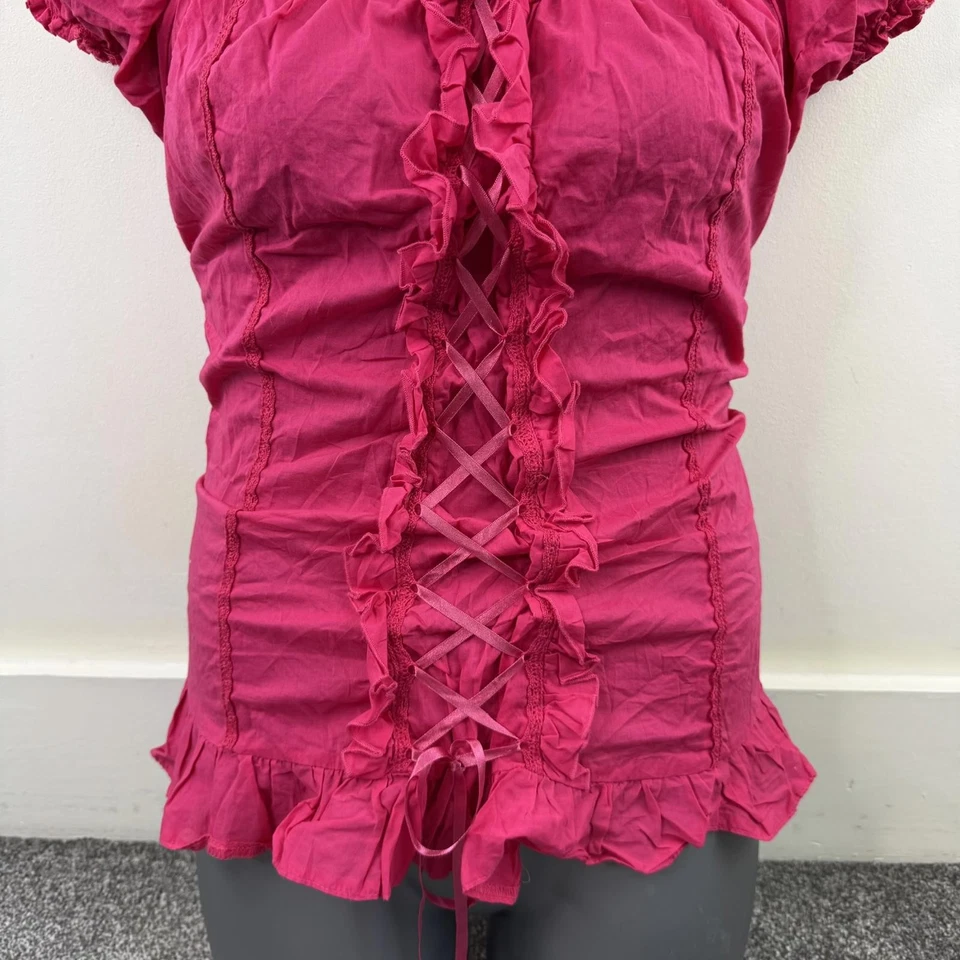 Y2K vintage stretchy milkmaid hot pink top cap sleeve lace up frill frilly - Image 3 of 4