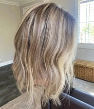 Human Hair New Fashion Layered Long Natural Golden Brown Wavy Women's Wigs 14in