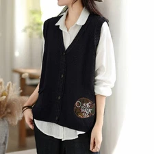 Women Knitted Waistcoat Vest Tank Tops Cardigan Retro Knitwear V-Neck Button
