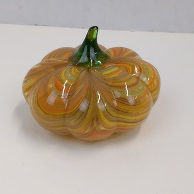 Vintage Hand Blown Art Glass Pumpkin Paperweight Orange Swirl Green Stem