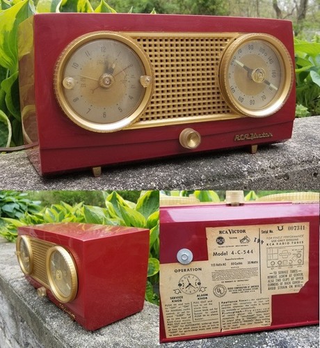 Vtg Rca Victor "Golden Throat" Clock Radio Tube Radio 4-C-544 Red & Gold as Is