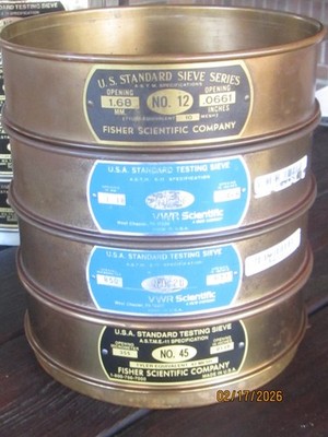 8'' full height brass lab sieves. Used. Fisher and VWR. Stack of 4. Sizes below.