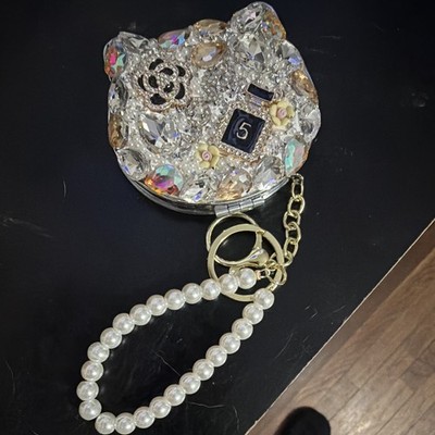 Cat Shaped Dual-Sided Compact Makeup Mirror Keychain w/ Rhinestones, Pearl