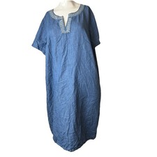 Talbots Denim Blue Split Neck Embroidered Cotton/Lyocell Shift Dress 20 W