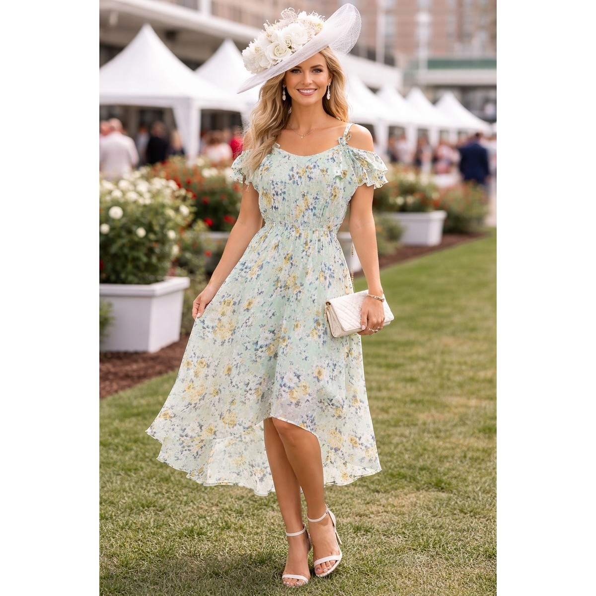 As U Wish Juniors Small Green Kentucky Derby Dress Floral High Low Cold  Shldr