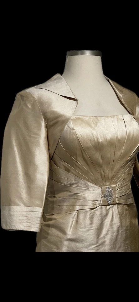 MON CHERI Mother of the Bride SILK 2 Pc Dress Jacket Champagne Size 12-14 EUC - Image 2 of 4