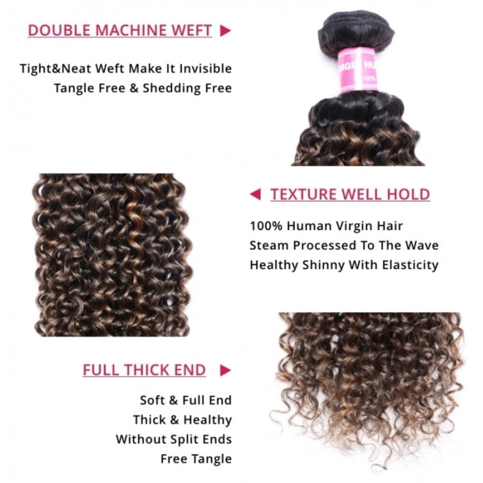 UNice Ombre Highlight Brown Curly Bundles Human Hair Extensions with Dark Roots - Image 3 of 4