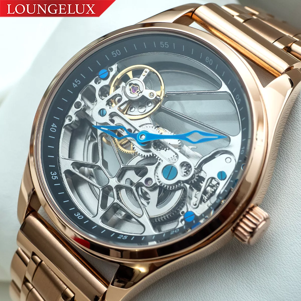 Mens Automatic Mechanical Skeleton Watch Bridge Movement Rose Gold Stainless
