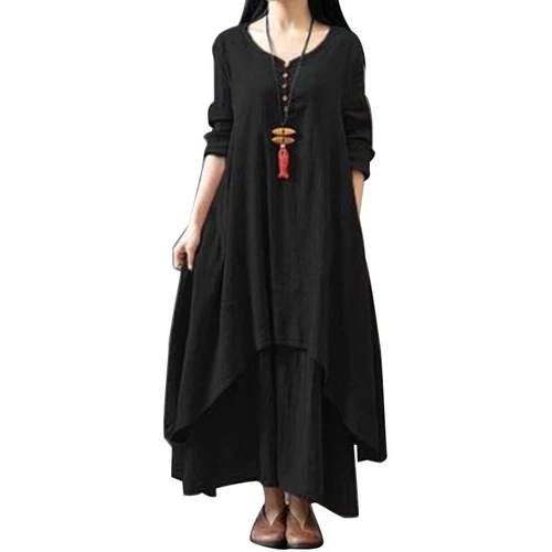 Womens Boho Cotton Linen Dress Long Sleeve Dress Sundress Maxi Dress Casual New - Picture 8 of 23