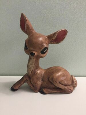 Vintage Ceramic Hand Painted Deer w/ Creepy Eyes Big Ears Kitschy Cute Fawn Doe