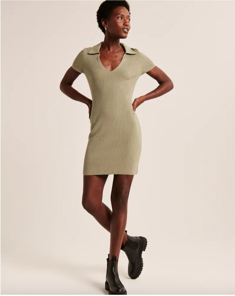 NWT Abercrombie & Fitch Sage Green Ribbed Collared Bodycon Mini Dress S