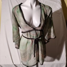 CAbi size medium feminine tunic semi sheer green brown Red accents