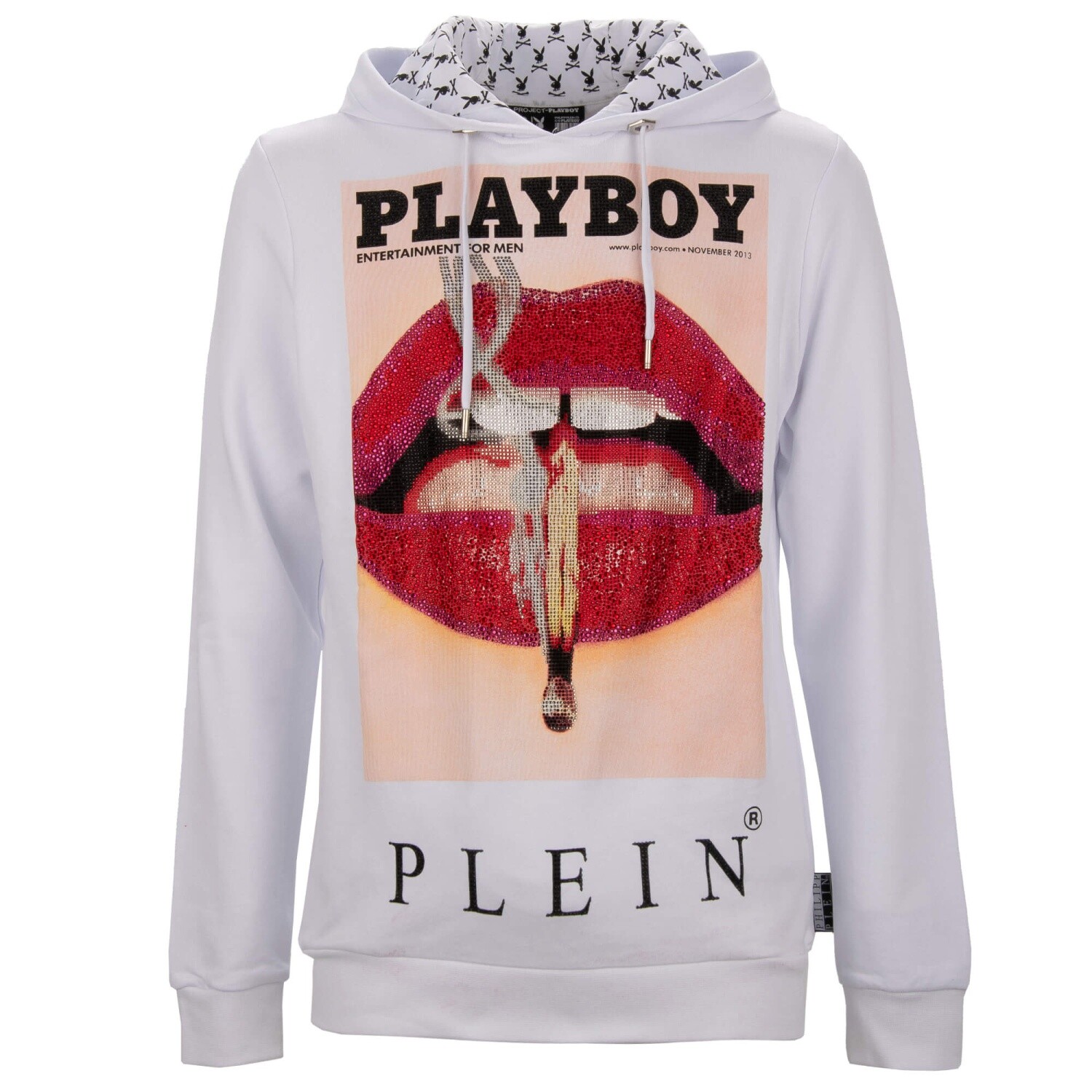 PHILIPP PLEIN x PLAYBOY Lips Printed Hoodie Sweatshirt Crystals Logo White 08357