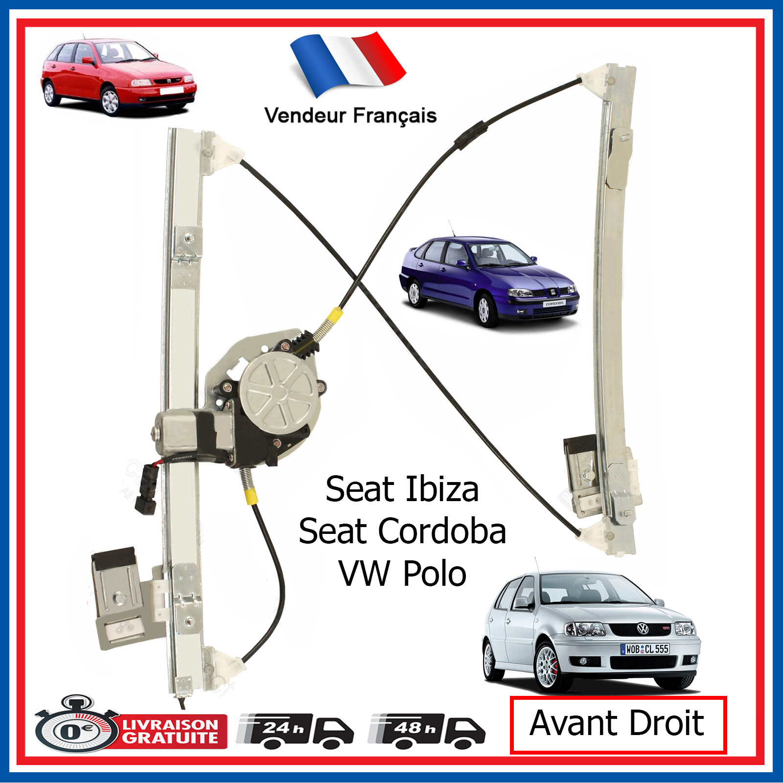 Mécanisme lève vitre avant droit renforcé 6K4837402B pour Ibiza 5 portes