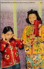 Linen Postcard Charming Girls at Chinatown, San Francisco, California