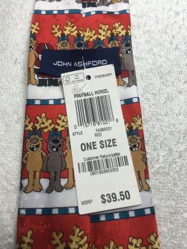 JOHN ASHFORD MENS TIE CHRISTMAS RED GREEN WHITE REINDEER FOOTBALL 3.25 X 59 NWT - Picture 4 of 4