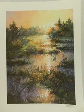 TOM LYNCH SUNSET DUCK POND LAKE SCENE PRINT SIGNED 17.5" X 23"