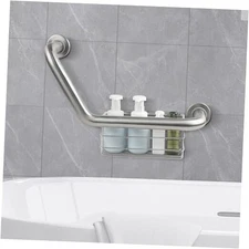 16 inch Angled Grab Bar with Storage Basket, Handicap Grab Bar for Elderly, 