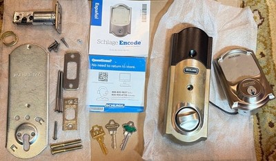 Schlage Encode Smart WiFi Deadbolt with Satin Nickel Camelot trim. USED. BE479AA