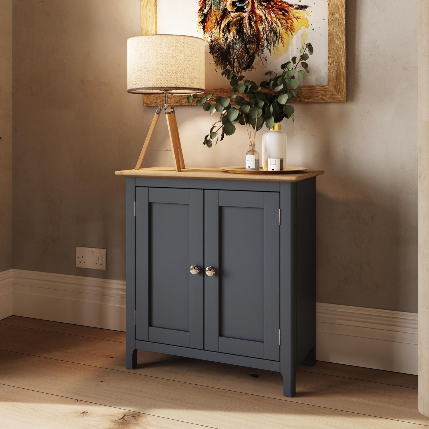 Oak Veneer Sideboard 2 Large Doors Graphite Blue Finish