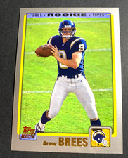 DREW BREES, CHARGERS, QB, 2001 GOLD TOPPS ROOKIE CARD, NM+, HOF. rookie card picture