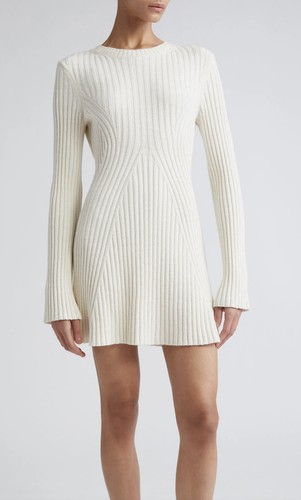 LOULOU STUDIO Amalia Long Sleeve Cotton & Silk Blend Rib Sweater Dress NWT $495