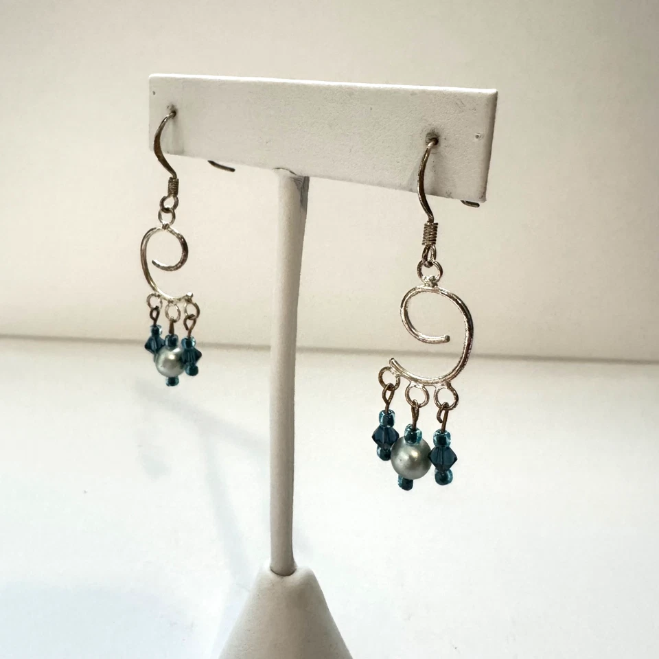 Pendientes colgantes de alambre en espiral cuentas azules de plata de ley 925 Foto 3 de 4