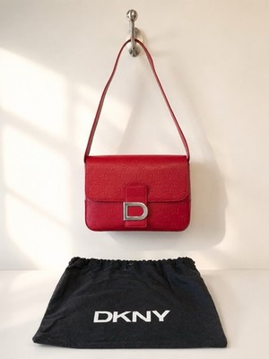 Vtg DKNY Logo Red Leather Small Shoulder Bag Purse Y2K Academia W/ Dust Bag