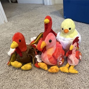 Ty Basket Beanies Beanbag Plush Lot Chicken Turkey Chick in Basket With Tags