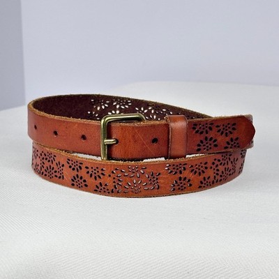 American Eagle Cognac Leather Belt Boho Vintage Floral Laser Cut Eyelet Medium