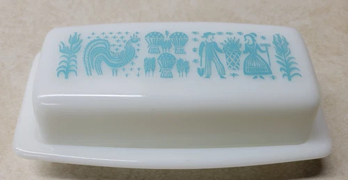 Vintage Pyrex Amish Butter Dish w/Lid Rooster Turquoise Milk Glass White Blue 7"