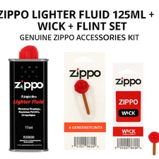 Zippo Lighter Fluid 125ml + Wick + Flint Set | Genuine Zippo Accessories Kit