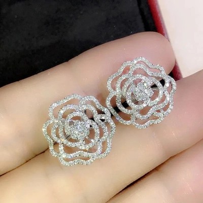 2Ct Round Cut Lab-Created Diamond Flower Stud Part Earring 14k White Gold Plated