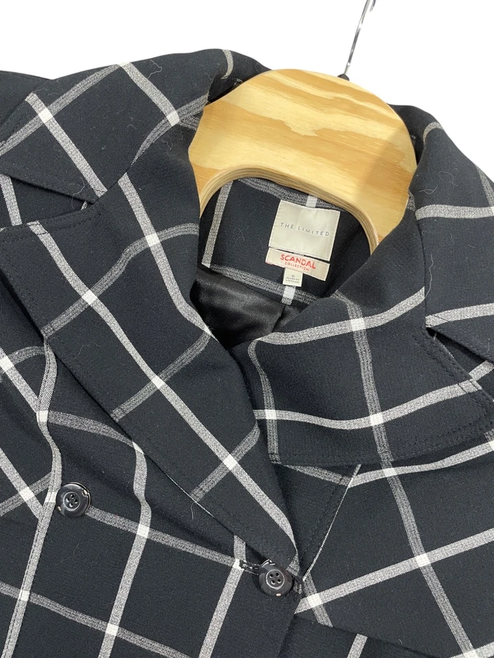 The Limited Scandal Collection Black Plaid Drap Coat Small  Lined Belted Heavy - Image 2 of 4