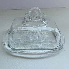 Etched Glass Tree Cheese Butter Tray Plate w/Lid 7x6"