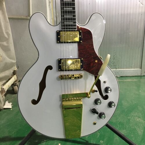 White 335 Electric Guitar Semi-Hollow Mahogany Body Gold Hardware Long Bridge - Picture 1 of 8