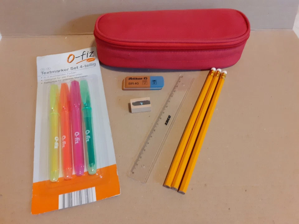 Schlamper-, Federmappe + 4 Textmarker, 3 Bleistifte, Lineal, Radierer, Anspitzer