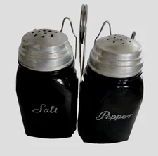 Vintage McKee Art Deco Black Roman Arch S & P shakers in holder/caddy