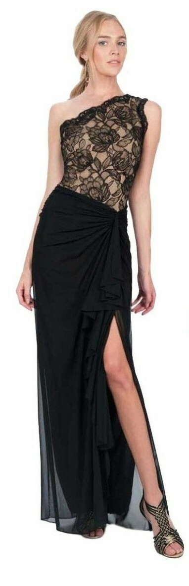 Tadashi Shoji One Shoulder Bloom Lace Black Nude Draped