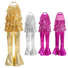 Kids Girls Unitard Hip Hop Leotard And Pants Hem Bodysuit Jazz Metallic Tights