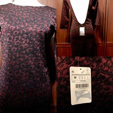 ZARA TRAFALUC NWT Low Black Stretch WIGGLE Dress SIZE M 34” MAROON/ BLACK
