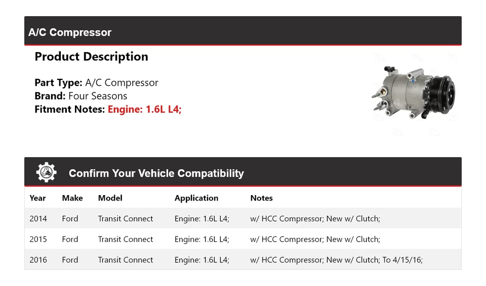Compresor de aire acondicionado Ford Transit Connect 2014-2016 1,6 L L4 4 estaciones 2015 Foto 2 de 4